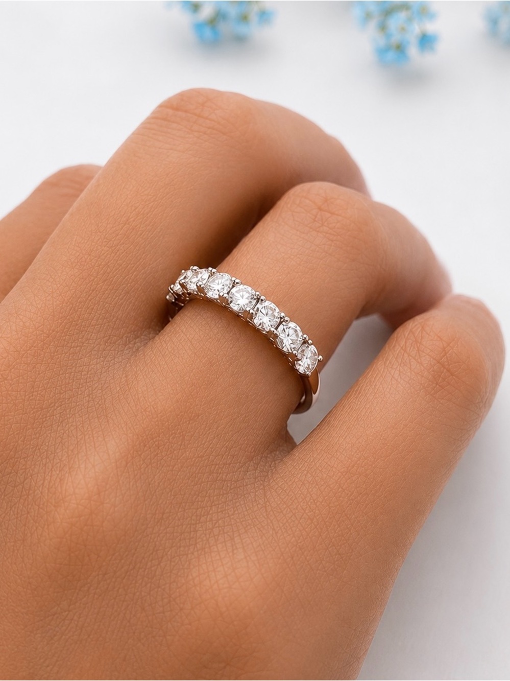 Round Moissanite Diamond Half Eternity Sterling Silver Stacking Band Ring